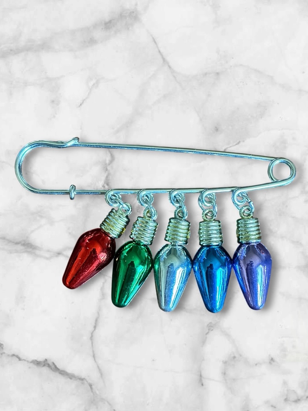 Multicolor Holiday Light Bulb Charm Brooch - Colorful Safety Pin Accent